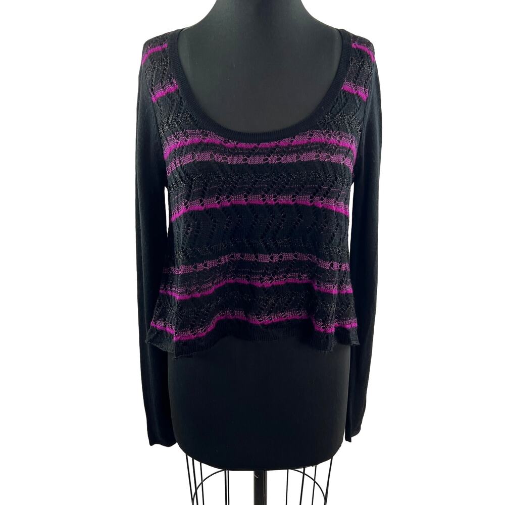 Y2K FREE PEOPLE Wool Blend Striped Sweater Black Purple Scoop Long Sleeve Sz S
